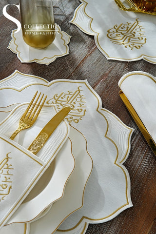 Ramadan Najma Design Gold Full Placemat Set - With Bread Basket Napkin and Runner - 6 Persons - 26 Pcs.