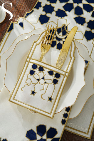 Ramadan Dome Design Navy and Gold Placemat Set - Waterproof Fabric - 6 Persons - 24 Pcs. Full Set