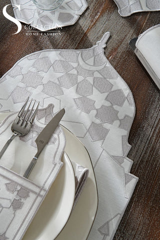 Ramadan Dome Design Silver Full Placemat Set - With Bread Basket Napkin and Runner - 6 Persons - 26 Pcs.
