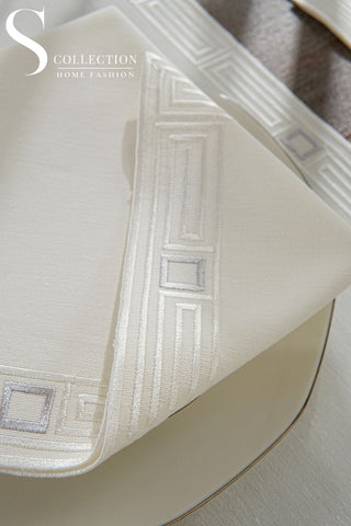Tuscan Off White and Silver Design Placemat Set - 6 Persons - Waterproof Fabric - 24 Pcs. Full Set