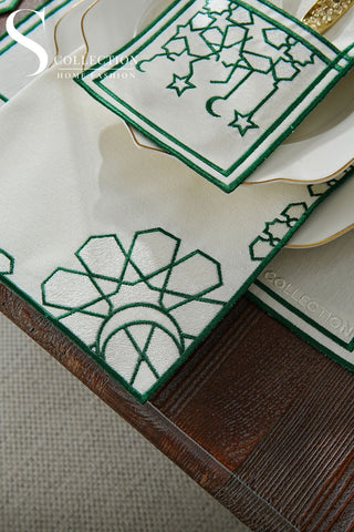 Ramadan Dome Design Green and Off White Placemat Set - Waterproof Fabric - 6 Persons - 24 Pcs. Full Set
