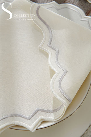 Camila Silver and Off White Design Placemat Set - Waterproof Fabric - 6 Persons - 24 Pcs. Full Set