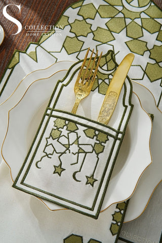 Ramadan Dome Design Olive Green Placemat Set - Waterproof Fabric - 6 Persons - 24 Pcs. Full Set