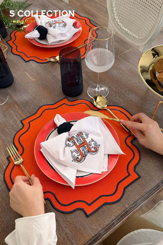 Alpabet H Design Embroidered Placemat Set - Orange Colour Waterproof Fabric - 6 Persons - 18 Pcs.