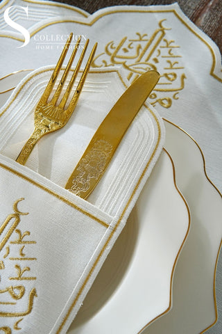 Ramadan Najma Design Gold Full Placemat Set - With Bread Basket Napkin and Runner - 6 Persons - 26 Pcs.