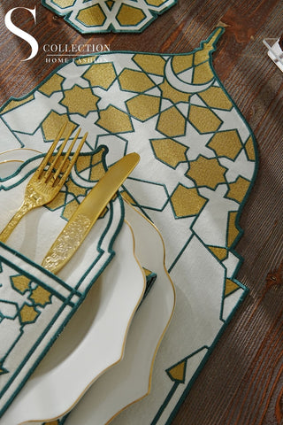 Ramadan Dome Design Green and Gold Placemat Set - Waterproof Fabric - 6 Persons - 24 Pcs. Full Set