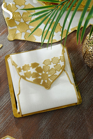Ramadan Dome Design Gold Full Placemat Set - With Bread Basket Napkin and Runner - 6 Persons - 26 Pcs.