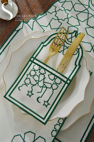 Ramadan Dome Design Green and Off White Placemat Set - Waterproof Fabric - 6 Persons - 24 Pcs. Full Set