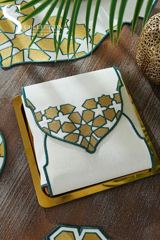 Ramadan Dome Design Green and Gold Full Placemat Set - With Bread Basket Napkin and Runner - 6 Persons - 26 Pcs.