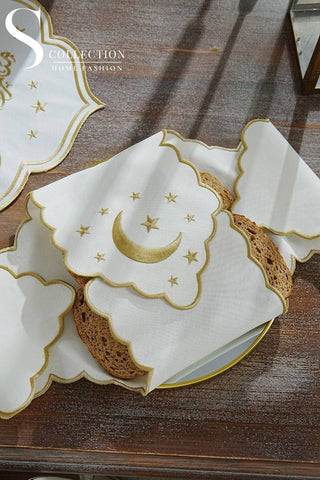 Ramadan Design Gold Stellar Serenity Full Placemat Set - With Bread Basket Napkin and Runner - 6 Persons - 26 Pcs.