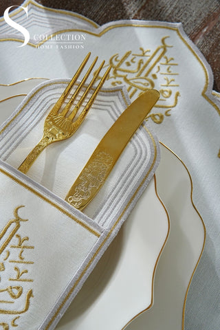 Ramadan Najma Design Gold and Silver Full Placemat Set - With Bread Basket Napkin and Runner - 6 Persons - 26 Pcs.