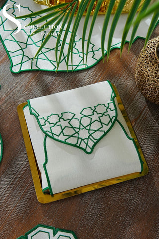 Ramadan Dome Design Green and Off White Full Placemat Set - With Bread Basket Napkin and Runner - 6 Persons - 26 Pcs.