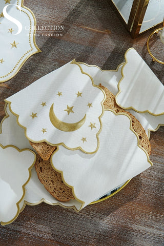 Ramadan Gold Glamorous Design Full Placemat Set - With Bread Basket Napkin and Runner - 6 Persons - 26 Pcs.