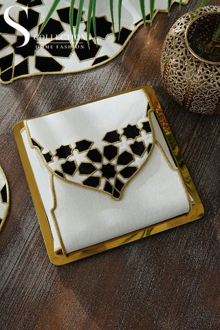 Ramadan Dome Design Black and Gold Full Placemat Set - With Bread Basket Napkin and Runner - 6 Persons - 26 Pcs.