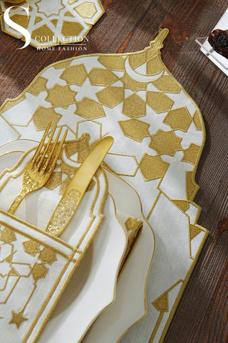Ramadan Dome Design Gold Placemat Set - Waterproof Fabric - 6 Persons - 24 Pcs. Full Set