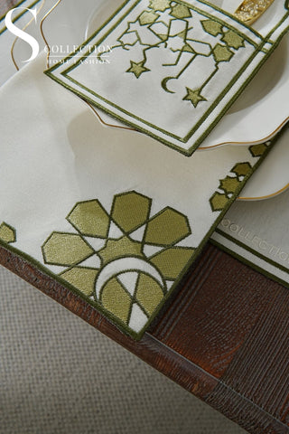 Ramadan Dome Design Olive Green Placemat Set - Waterproof Fabric - 6 Persons - 24 Pcs. Full Set