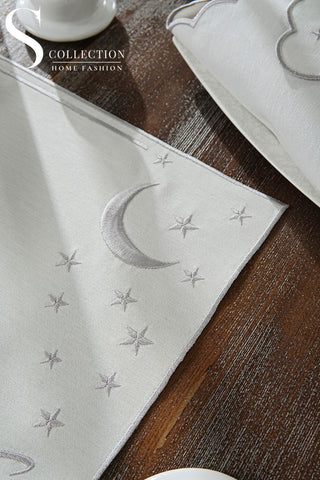 Ramadan Design Silver Stellar Serenity Full Placemat Set - With Bread Basket Napkin and Runner - 6 Persons - 26 Pcs.