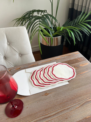 Leafy Allure Design Cocktail Napkin - Waterproof Fabric - Red Embroidered