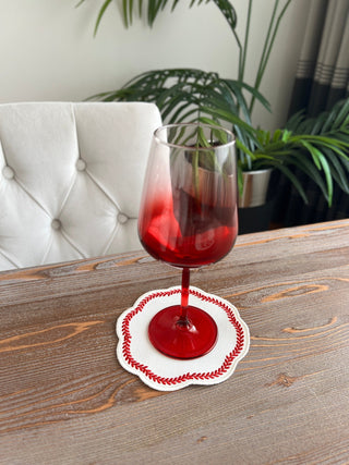 Leafy Allure Design Cocktail Napkin - Waterproof Fabric - Red Embroidered