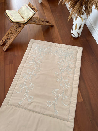 Jasmine Flower Design Luxury Prayer Rug - Silver Colour Embroidered On Beige Fabric