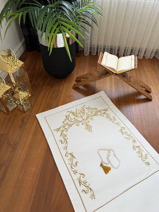 Lily Design Luxury Prayer Rug - Gold Colour Embroidered On Off White Fabric