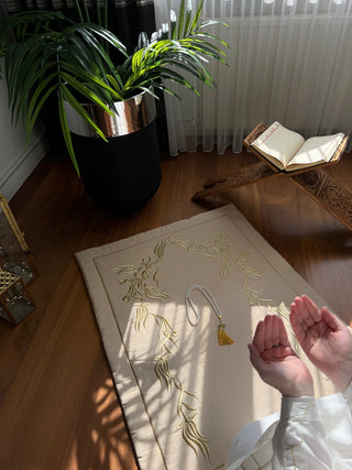 Tulip Design Luxury Prayer Rug - Gold Colour Embroidered On Beige Fabric