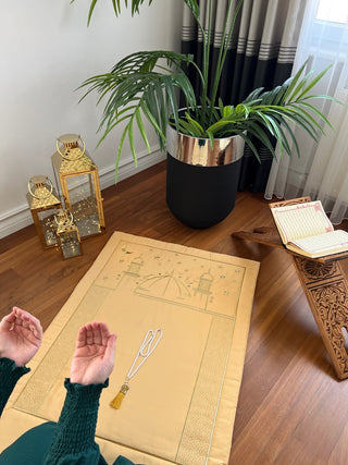 Mosque Design Luxury Prayer Rug - Gold Colour Embroidered On Gold Fabric