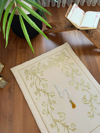 Jasmine Flower Design Luxury Prayer Rug - Gold Colour Embroidered On Beige Fabric