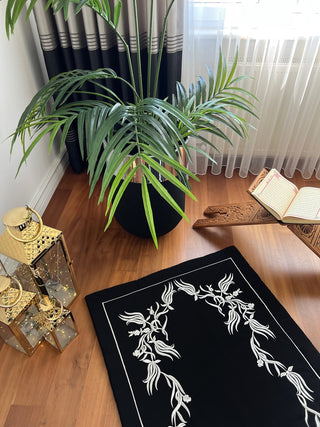 Tulip Design Luxury Prayer Rug - Silver Colour Embroidered On Black Fabric