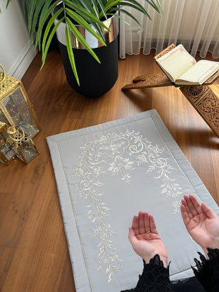 Ivy Design Luxury Prayer Rug - Silver Colour Embroidered On Grey Fabric