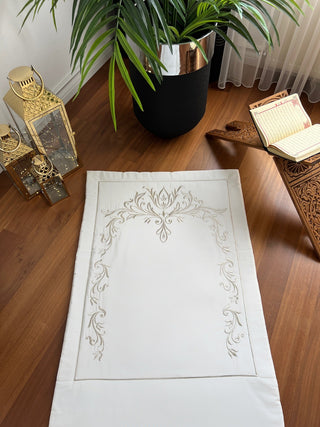 Lily Design Luxury Prayer Rug - Silver Colour Embroidered On Off White Fabric