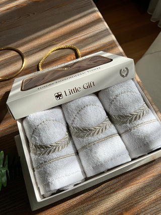 Olive Branch Design Gift Towel Set - Silver Embroidered