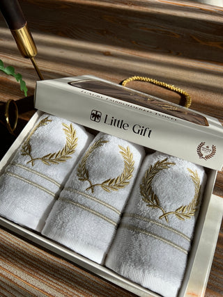 Laurel Wreath Design Gift Towel Set - Gold and Silver Embroidered
