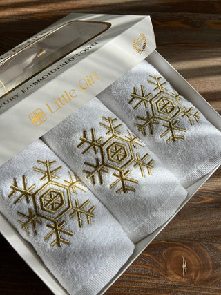 Christmas Snowflake Design Gift Towel Set - Gold Embroidered