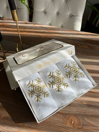 Christmas Snowflake Design Gift Towel Set - Gold Embroidered