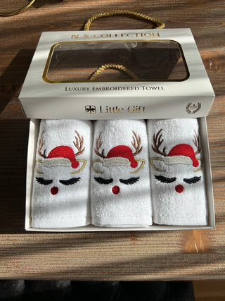 Christmas Deer Design Gift Towel Set - Colourful Embroidered