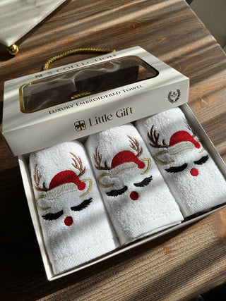 Christmas Deer Design Gift Towel Set - Colourful Embroidered