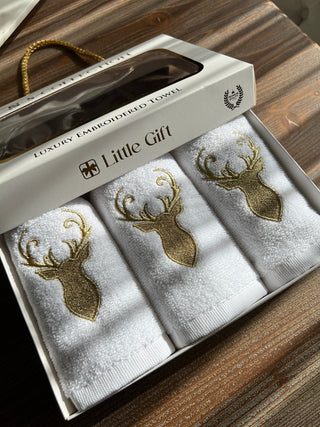 Christmas Gold Deer Design Gift Towel Set - Gold Embroidered