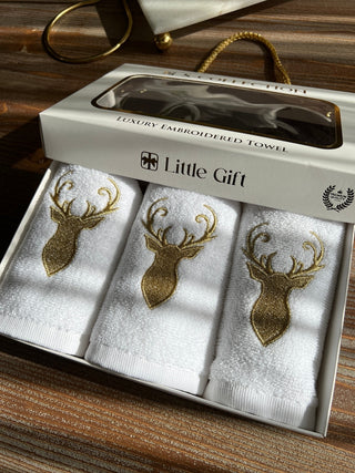Christmas Gold Deer Design Gift Towel Set - Gold Embroidered
