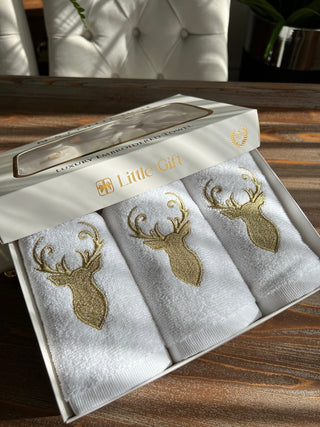 Christmas Gold Deer Design Gift Towel Set - Gold Embroidered