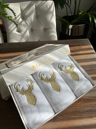 Christmas Gold Deer Design Gift Towel Set - Gold Embroidered