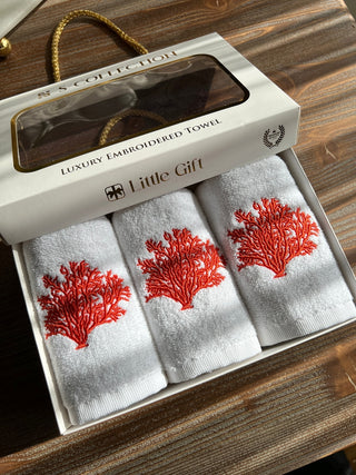 Coral Design Gift Towel Set - Light Red Embroidered