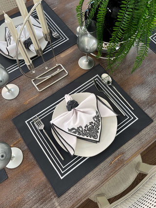 Silva Design Embroidered Placemat Set - Dark Grey Colour Waterproof Fabric - 6 Persons - 18 Pcs.