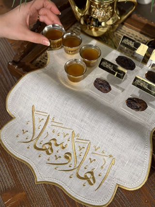 Welcome Design Tray Cover - %100 Linen Fabric - Gold Embroidered