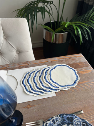 Leafy Allure Design Cocktail Napkin - Waterproof Fabric - Navy Blue Embroidered