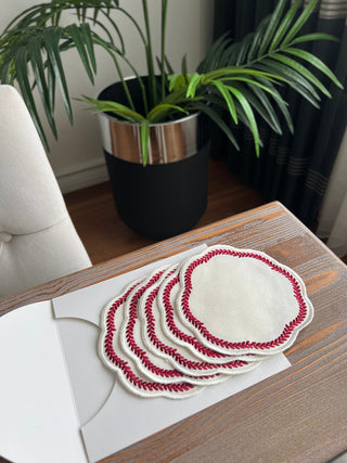 Leafy Allure Design Cocktail Napkin - Waterproof Fabric - Burgundy Embroidered