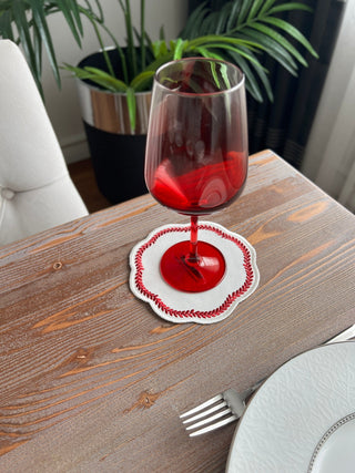 Leafy Allure Design Cocktail Napkin - Waterproof Fabric - Burgundy Embroidered