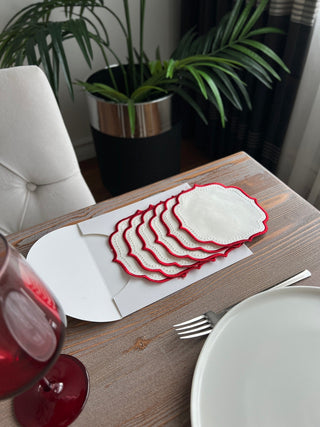 Elise Design Cocktail Napkin - Waterproof Fabric - Red Embroidered