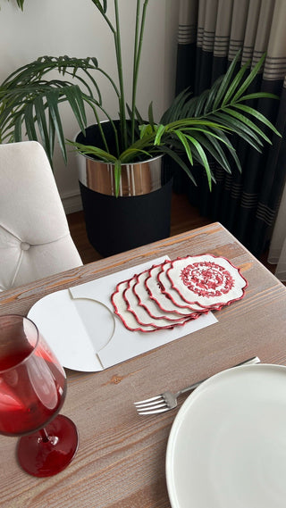 Bouquet Design Cocktail Napkin - Waterproof Fabric - Burgundy Embroidered