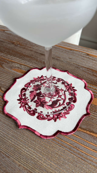 Bouquet Design Cocktail Napkin - Waterproof Fabric - Burgundy Embroidered